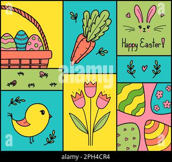 Easter card vector illustration. Cute Easter doodles with eggs, bunny, bird, spring flowers and carrots. Holiday icons, covers, posters, banners, greeting card. Stock Vector