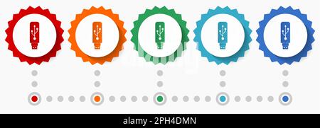 Usb vector icon set, colorful infographic template, set of flat design badge icons in 5 color options Stock Vector