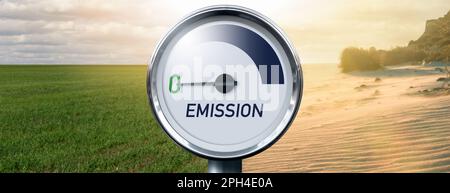 Gauge with inscription EMISSION and arrow points to zero on a background of landscape with half green field and half desert. High quality photo Stock Photo