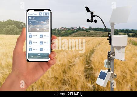 Farmer control weather station via mobile app. Precision and smart farming equipment. High quality photo Stock Photo