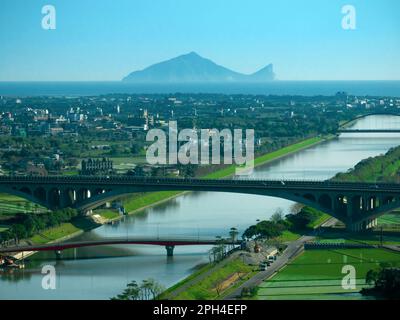 Aerial view of  dongshan river and Guishan island in yilan county, taiwan. Stock Photo