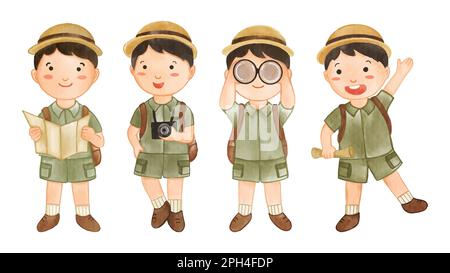 Collection of Boy scout with hiking suit . Realistic watercolor paint with paper textured . Cartoon character design . Vector . Stock Vector