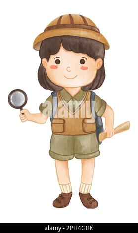 Cute little scout girl with magnifying glass. Vector illustration Stock ...