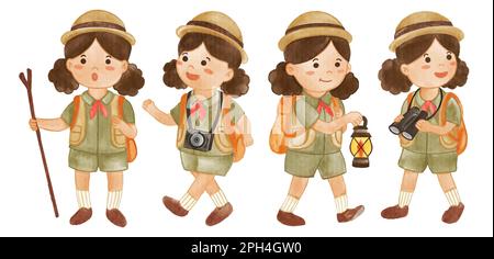 Collection of Girl scout with hiking suit . Realistic watercolor paint with paper textured . Cartoon character design . Vector . Stock Vector