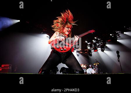 March 24, 2023, Rome, Italy: Maneskin, the most famous Italian young rock band, winner of the Eurovision Song Contest 2021 for Italy with â€œZitti e buoniâ€ in their first exhibition in Rome for Loud Kids Tour. (Credit Image: © Stefano Cappa/Pacific Press via ZUMA Press Wire) EDITORIAL USAGE ONLY! Not for Commercial USAGE! Stock Photo