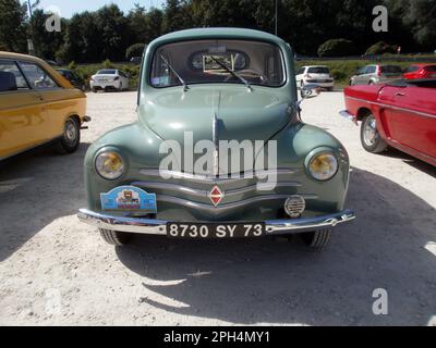 Le Bourget du lac, France - August 19th 2012 : Public exhibition of classic cars. Focus on a green Renault 4CV. Stock Photo