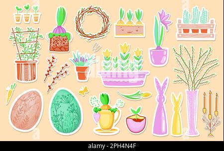 Springtime stickers, magnets collection with decorative floral and garden design. Growing plants Stock Vector