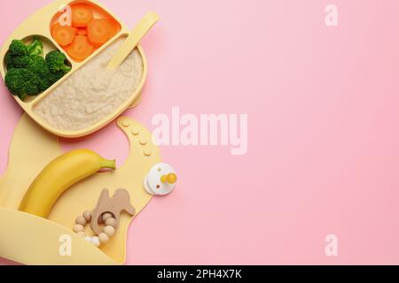 Flat lay composition with baby food and accessories on white background  Stock Photo - Alamy