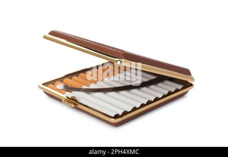 Stylish case with cigarettes isolated on white Stock Photo