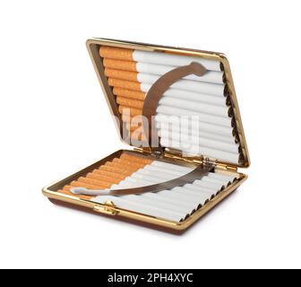 Stylish case with cigarettes isolated on white Stock Photo