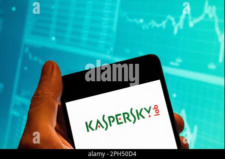 China. 15th Feb, 2023. In this photo illustration, the multinational cybersecurity and anti-virus software provider Kaspersky Lab logo seen displayed on a smartphone with an economic stock exchange index graph in the background. (Credit Image: © Budrul Chukrut/SOPA Images via ZUMA Press Wire) EDITORIAL USAGE ONLY! Not for Commercial USAGE! Stock Photo