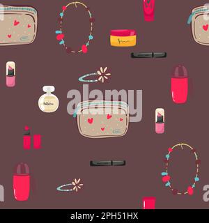 Pattern made from hand drawn cosmetic bag and text on the blue background. Stock Vector