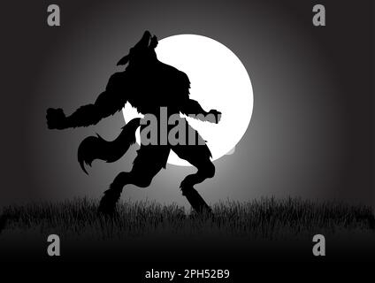 Illustration of a werewolf during the full moon in the creepy forest ...