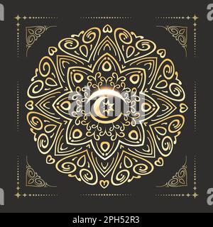 Golden Mandala ornament with Moon and Star Inside on Black Background. Vector illustration. Stock Vector