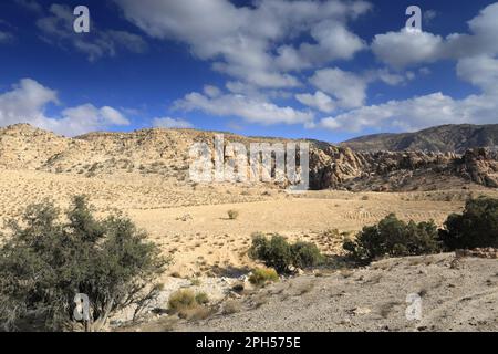 The landscape of the Shkaret Mseid valley, Wadi Musa, South Central Jordan, Middle East Stock Photo