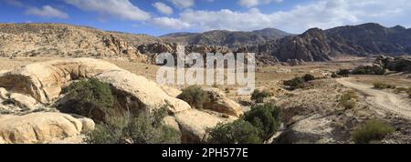 The landscape of the Shkaret Mseid valley, Wadi Musa, South Central Jordan, Middle East Stock Photo