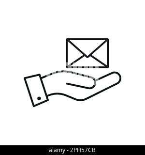 Support, present and charity concept. Modern vector sign drawn with black thin line. Editable stroke. Vector line icon of envelope over outstretched h Stock Vector