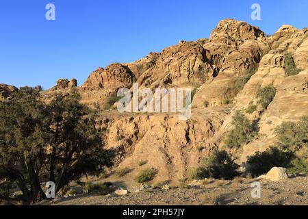 The landscape of the Shkaret Mseid valley, Wadi Musa, South Central Jordan, Middle East Stock Photo