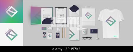 Gradient colorful violet and green corporate identity design with square logo and pack of brandign elements. Envelope, folder, letterhead A4 Stock Vector
