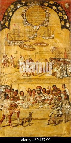 'La Conquista de México' — panel 1 Last quarter XVII century by Miguel Gonzales Stock Photo