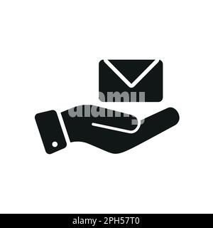 Support, present and charity concept. Modern vector sign drawn with black thin line. Editable stroke. Vector line icon of envelope over outstretched h Stock Vector