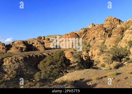 The landscape of the Shkaret Mseid valley, Wadi Musa, South Central Jordan, Middle East Stock Photo