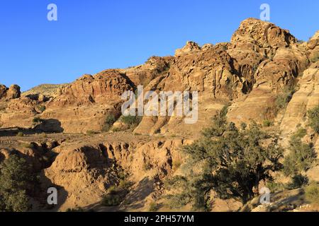 The landscape of the Shkaret Mseid valley, Wadi Musa, South Central Jordan, Middle East Stock Photo