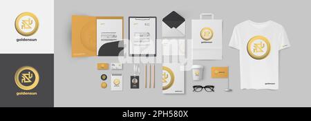 Corporate identity design with golden circle logo and yellow background. Set of stationery elements for branding modern company. Stock Vector