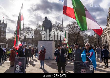 Iranian  pro-democracy protest against the autocratic Islamist government of Iran at Parliament Square in front of Churchill's statue, London, England Stock Photo