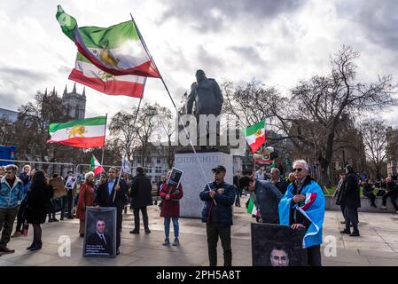 Iranian  pro-democracy protest against the autocratic Islamist government of Iran at Parliament Square in front of Churchill's statue, London, England Stock Photo