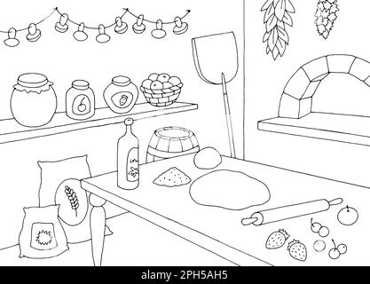 Bakery kitchen interior graphic black white sketch illustration vector Stock Vector