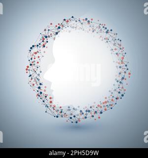 Machine Learning, Artificial Intelligence, Cloud Computing and Networks Design Concept with Human or Robot Face and Network Mesh Ring Stock Vector
