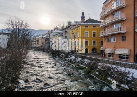 Brunico old town covered in snow during winter. Trentino Alto Adige, Italy. Stock Photo