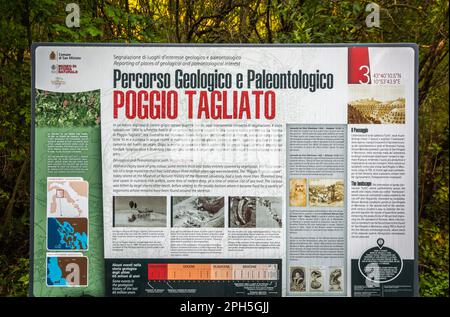 Information billboard sign in italian and english language at San Miniato village in Tuscany region, central Italy Stock Photo