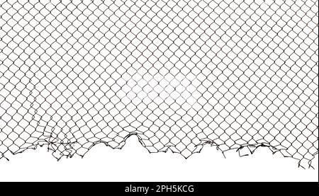 The texture of the metal mesh. Torn, destroyed, broken metal mesh on a white background Stock Photo