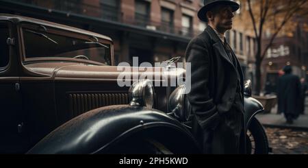 Vintage Underworld: A Dapper Mobster Commands the Streets of Old New York Stock Photo