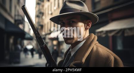 Vintage Underworld: A Dapper Mobster Commands the Streets of Old New York Stock Photo