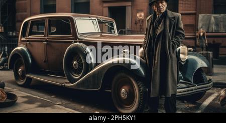 Vintage Underworld: A Dapper Mobster Commands the Streets of Old New York Stock Photo