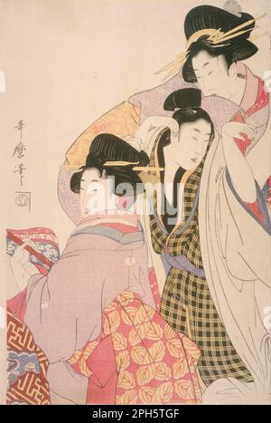 Two Geishas and a Tipsy Client c. 1805; Edo Period (1615-1868) by Kitagawa Utamaro Stock Photo