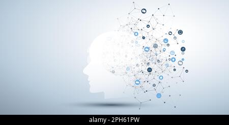 Machine Learning, Artificial Intelligence, Cloud Computing and Networks Design Concept with Human or Robot Face Silhouette, Icons and Polygonal Networ Stock Vector