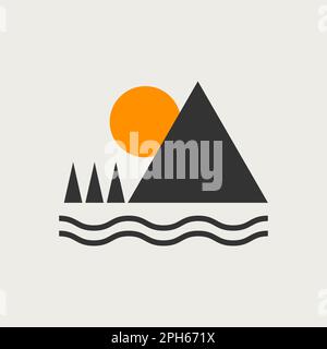 Camping logo, mountain, river and sun. Tourism flat simple minimal geometric icon with mountains and forest. Summer camping concept Stock Vector