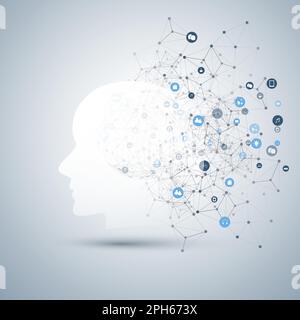 Machine Learning, Artificial Intelligence, Cloud Computing and Networks Design Concept with Human or Robot Face Silhouette, Icons and Polygonal Networ Stock Vector