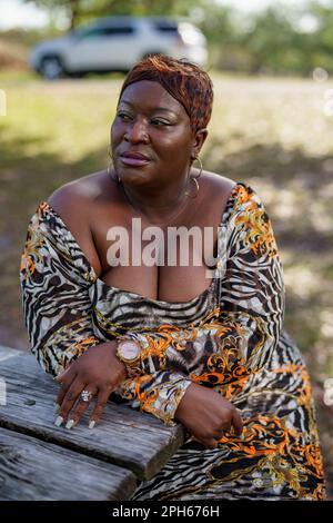 Bbw Big Black Beautiful Model Sitting On A Park Bench Outdoors Stock