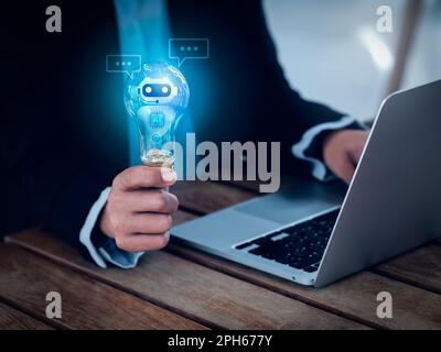 AI chat bot for creativity concept. Hologram of digital smart robot assistant virtual in lightbulb with light. Inspiration and idea searching automati Stock Photo