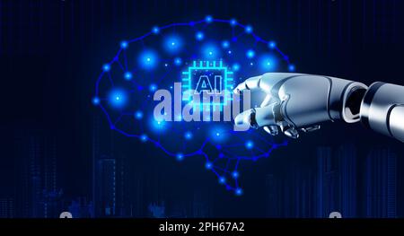 AI computer chip on digital artificial intelligence brain touching by 3d rendering robot hand on blue network background. Future world with smart micr Stock Photo