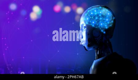Digital brain glow in the humanoid robot head on blue network and city, blue background with copy space. Artificial intelligence, AI automation servic Stock Photo