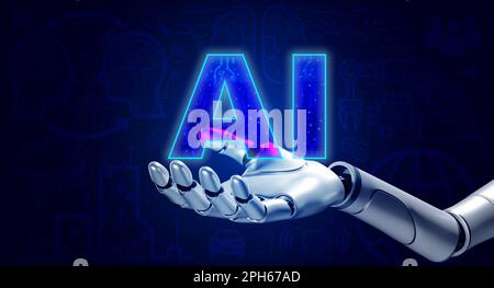 3d robot hand holding virtual AI, text with working development icons on blue digital network background. Ai robotic, artificial intelligence with IOT Stock Photo