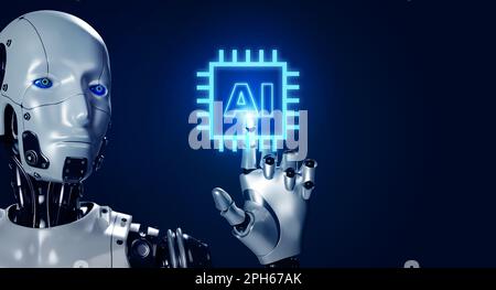 Glowing AI digital computer chip icon pressing by 3d rendering robot hand on blue background with copy space. Futuristic smart microprocessor for data Stock Photo
