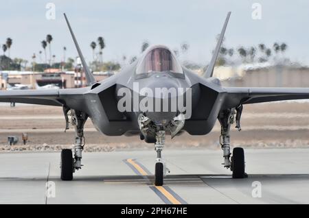 A Marine Corps F-35B Joint Strike Fighter (Lightning II). This STOVL F-35 belongs to VMX-1, assigned to MCAS Yuma. Stock Photo