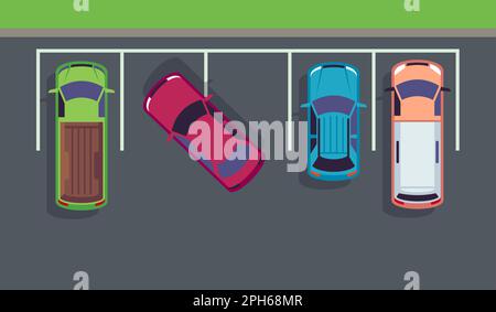 Bad, improper parking of car in parking lot, top view. Traffic rules in city. Colored automobiles. Urban scene. Wrong illegal parked transport. Cartoo Stock Vector